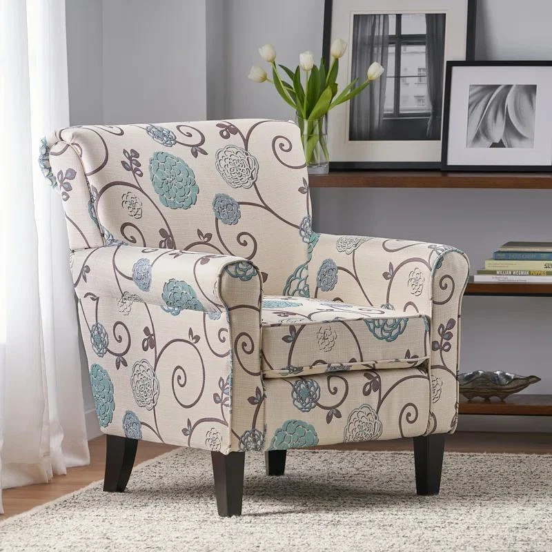 Contemporary Fabric Club Chair with Birch Wood Legs and Tonal Piping, Plush Seating for Ultimate Comfort, 32" L x 34" W x 37.5" H, White+Blue