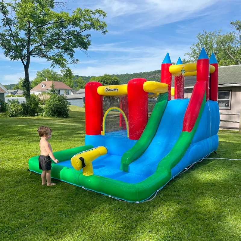Outsunny Kids Bounce House Inflatable Slide with Splash Pool, Water Cannon, Climbing Wall, Inflator Included, 6 in1 Bouncy Castle Kids Backyard Activity Outdoor Water Play Toy