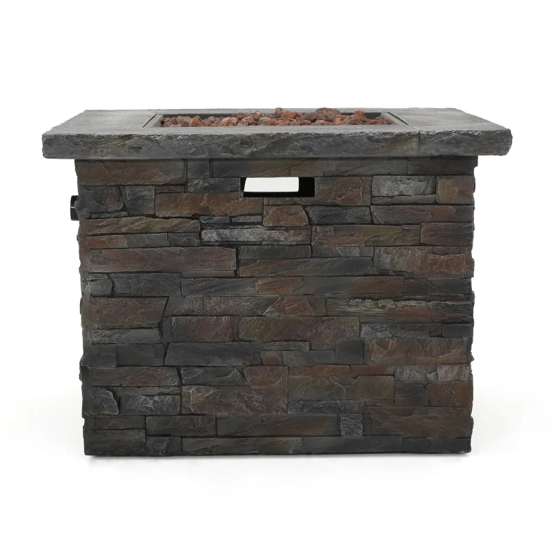 40,000 BTU Outdoor Square MGO Fire Pit with Natural Stone Finish, Perfect for Social Gatherings, 33" L x 33" W x 24.5" H, Stone Gray