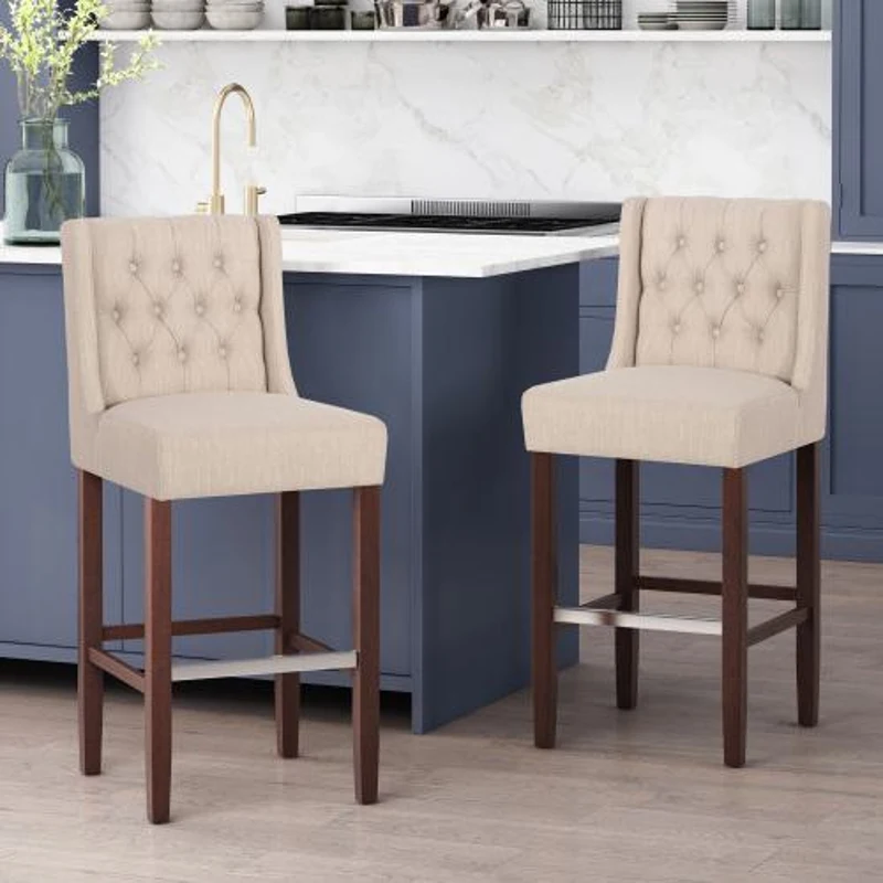 2 Sets of Modern Minimalist Counter Stool with Commercial Grade, High-Density Fabric Seat with Metal Legs, 19" L x 23.5" W x 44.5" H, Beige