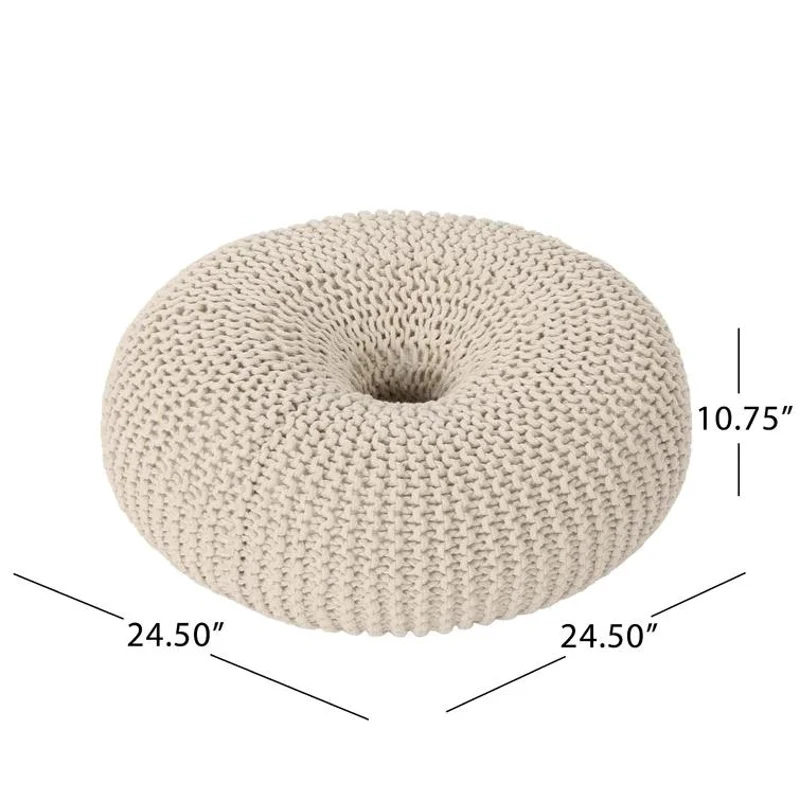 Everett Knitted Cotton Donut Pouf Crafted from 100% Cotton, Seating with Versatile Footrest or Extra Seat, 24.5" L x 24.5" W x 11" H, Beige