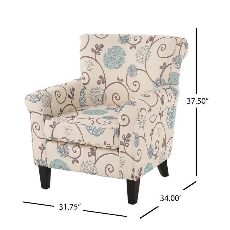 Contemporary Fabric Club Chair with Birch Wood Legs and Tonal Piping, Plush Seating for Ultimate Comfort, 32" L x 34" W x 37.5" H, White+Blue