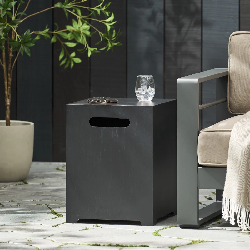 Square Metal Propane Tank Cover Side Table with Durable Iron Frame, Built-in Propane Tank Space, 15.5" L x 15.5" W x 20" H, Dark Grey