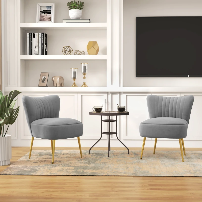 HOMCOM Velvet Lounge Chairs Set of 2, Modern Accent Chairs for Living Room with Gold Steel Legs and Tufting Backrest, Grey