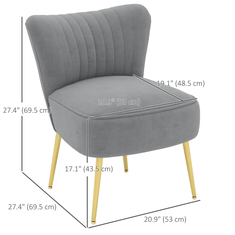 HOMCOM Velvet Lounge Chairs Set of 2, Modern Accent Chairs for Living Room with Gold Steel Legs and Tufting Backrest, Grey