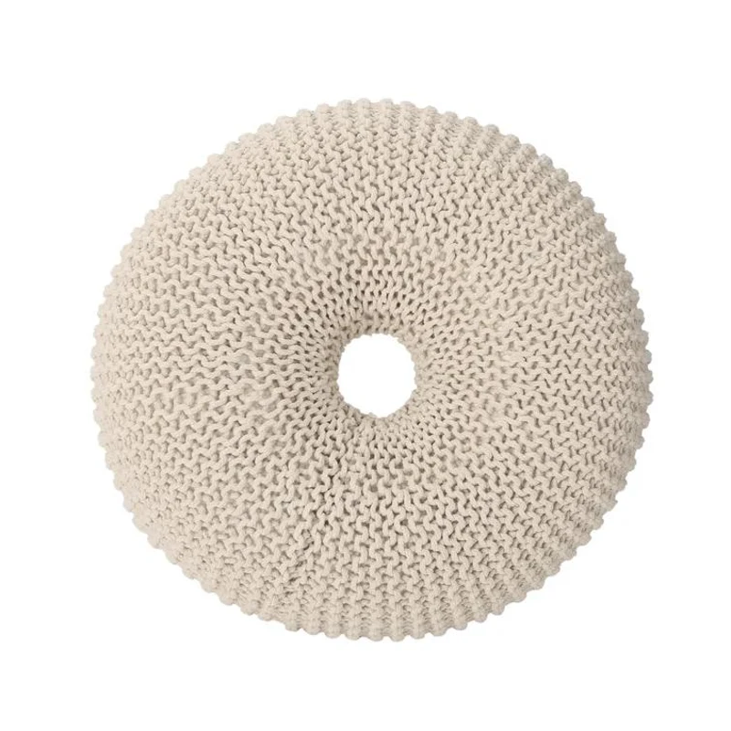 Everett Knitted Cotton Donut Pouf Crafted from 100% Cotton, Seating with Versatile Footrest or Extra Seat, 24.5" L x 24.5" W x 11" H, Beige