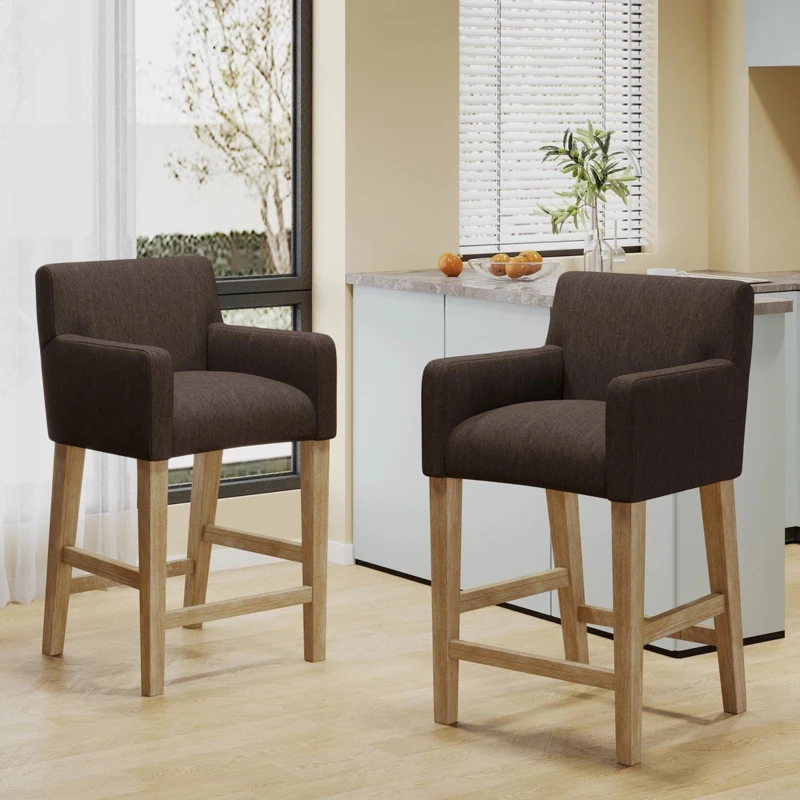Set of 2 Upholstered Counter Stools with Durable Craftsmanship, Contemporary Style with Rubberwood Frame, 24" L x 23" W x 39.5" H, Brown