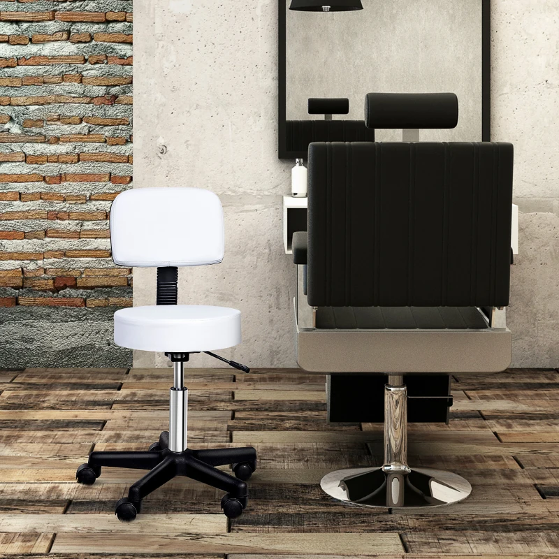 HOMCOM Adjustable Rolling Stool with Back, PU Leather Round Swivel Drafting Stool with Wheels for Kitchen, Salon Spa, Bar, Home Office, Massage, White