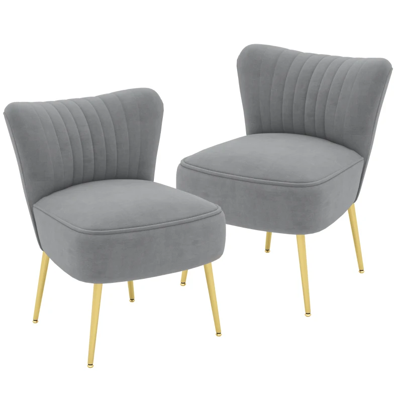HOMCOM Velvet Lounge Chairs Set of 2, Modern Accent Chairs for Living Room with Gold Steel Legs and Tufting Backrest, Grey