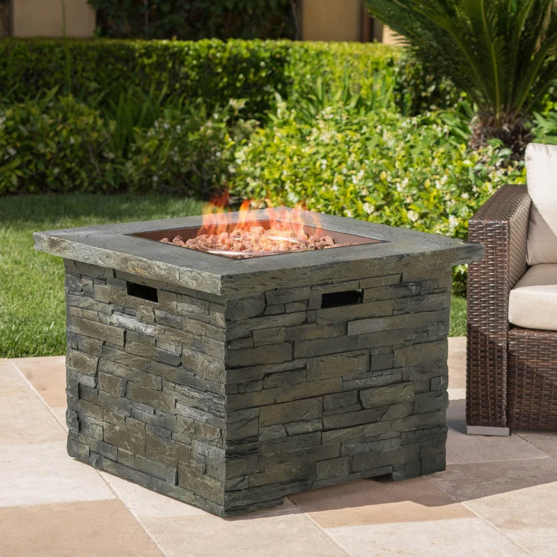 40,000 BTU Outdoor Square MGO Fire Pit with Natural Stone Finish, Perfect for Social Gatherings, 33" L x 33" W x 24.5" H, Stone Gray
