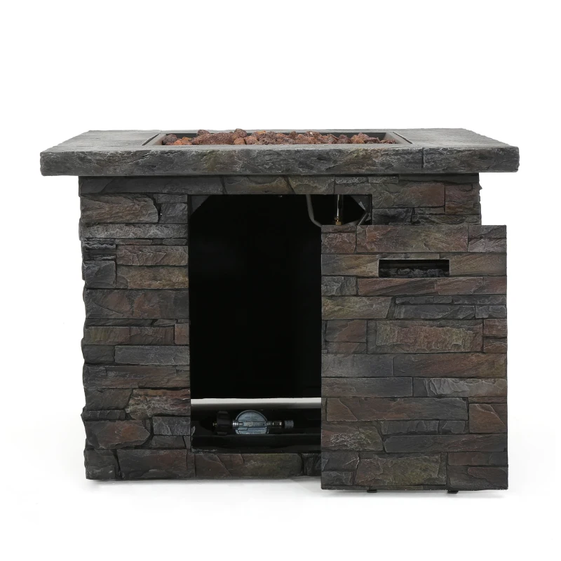 40,000 BTU Outdoor Square MGO Fire Pit with Natural Stone Finish, Perfect for Social Gatherings, 33" L x 33" W x 24.5" H, Stone Gray
