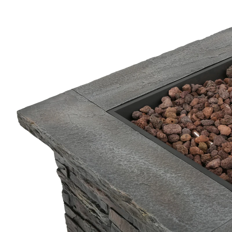 40,000 BTU Outdoor Square MGO Fire Pit with Natural Stone Finish, Perfect for Social Gatherings, 33" L x 33" W x 24.5" H, Stone Gray