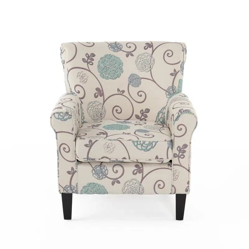 Contemporary Fabric Club Chair with Birch Wood Legs and Tonal Piping, Plush Seating for Ultimate Comfort, 32" L x 34" W x 37.5" H, White+Blue