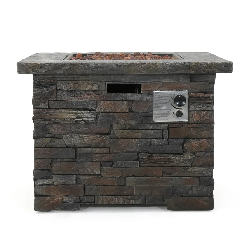 40,000 BTU Outdoor Square MGO Fire Pit with Natural Stone Finish, Perfect for Social Gatherings, 33" L x 33" W x 24.5" H, Stone Gray