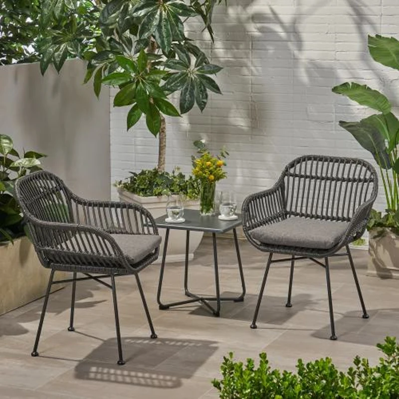 Set of 2 Outdoor Woven Faux Rattan Chairs with Cushions, Modern Patio Seating with Steel Frame, 24" L x 24" W x 32" H, Brown+Beige