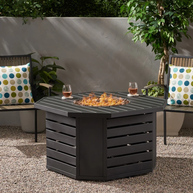 50000 BTU Octagonal Iron Fire Pit with Rust-Resistant Coating, Durable Iron, Built-in Propane Tank Space, 42" L x 42" W x 24" H, Black