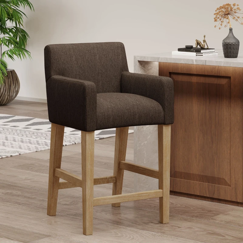 Upholstered Counter Stool with Rubberwood Frame, Contemporary Style with Rounded Armrests, 24" L x 23" W x 39.5" H, Brown