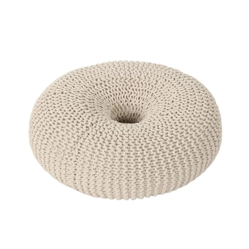 Everett Knitted Cotton Donut Pouf Crafted from 100% Cotton, Seating with Versatile Footrest or Extra Seat, 24.5" L x 24.5" W x 11" H, Beige