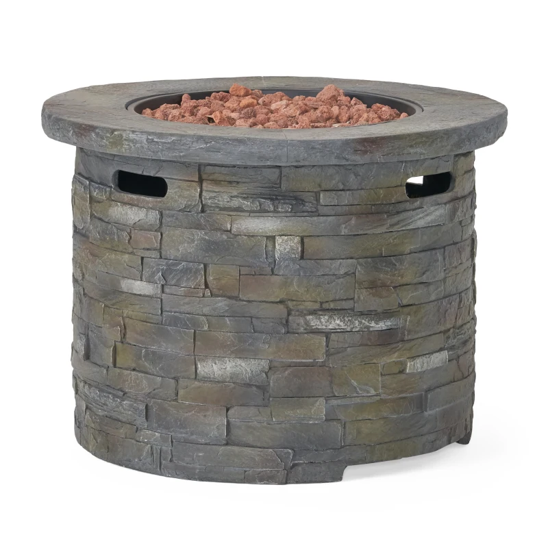 40,000 BTU Stone Circular Fire Pit Perfect for Family Gathering, Round Outdoor Firepit with Slipcover, 33" L x 24" H, Stone Gray