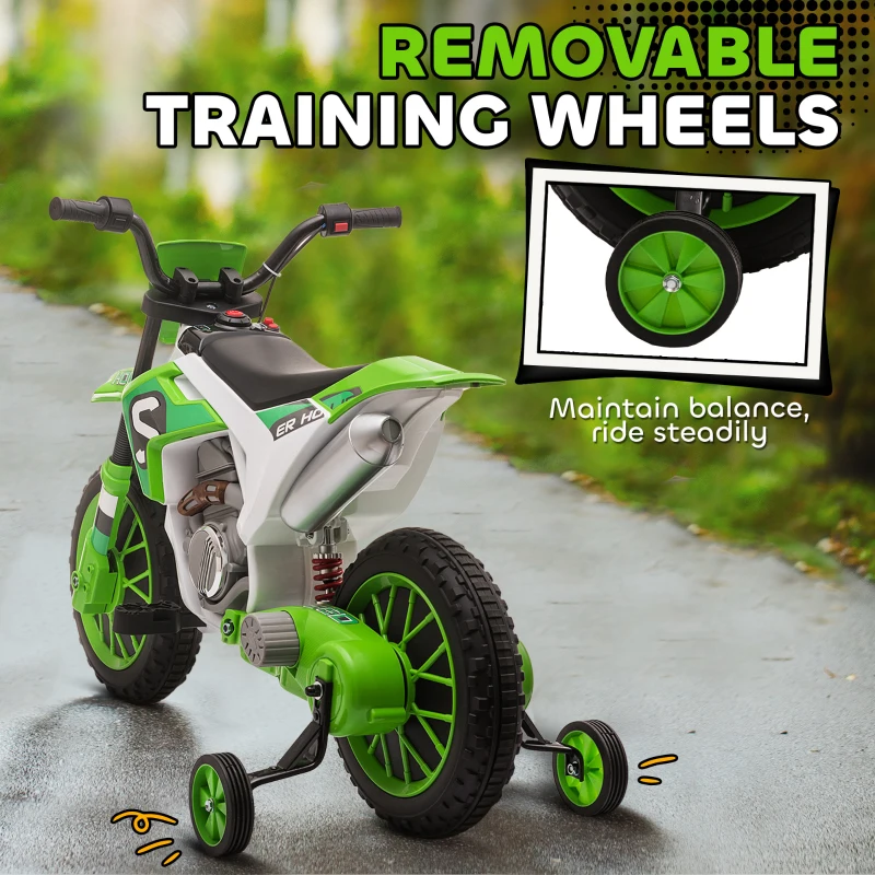 Aosom 12V Kids Motorcycle w/ Treaded Tires, 5mph Top Speed Electric Bike for Kids, Ride On Motorcycle w/ Training Wheels, Battery Charger, Spring Suspension, Green(m-6)