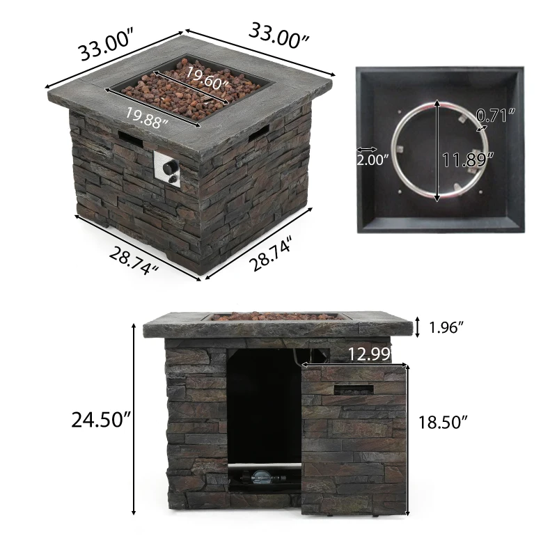 40,000 BTU Outdoor Square MGO Fire Pit with Natural Stone Finish, Perfect for Social Gatherings, 33" L x 33" W x 24.5" H, Stone Gray