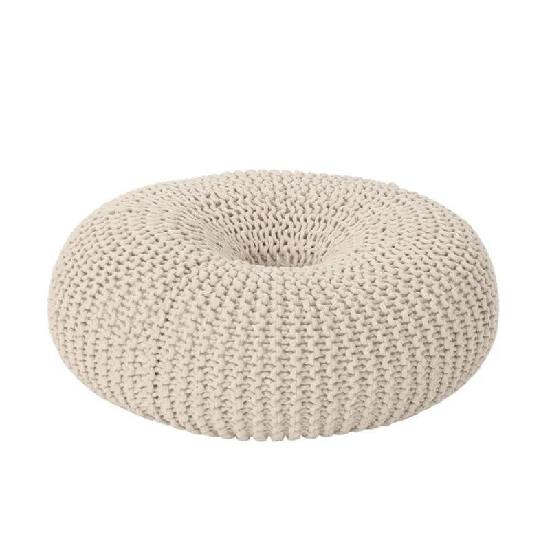 Everett Knitted Cotton Donut Pouf Crafted from 100% Cotton, Seating with Versatile Footrest or Extra Seat, 24.5" L x 24.5" W x 11" H, Beige