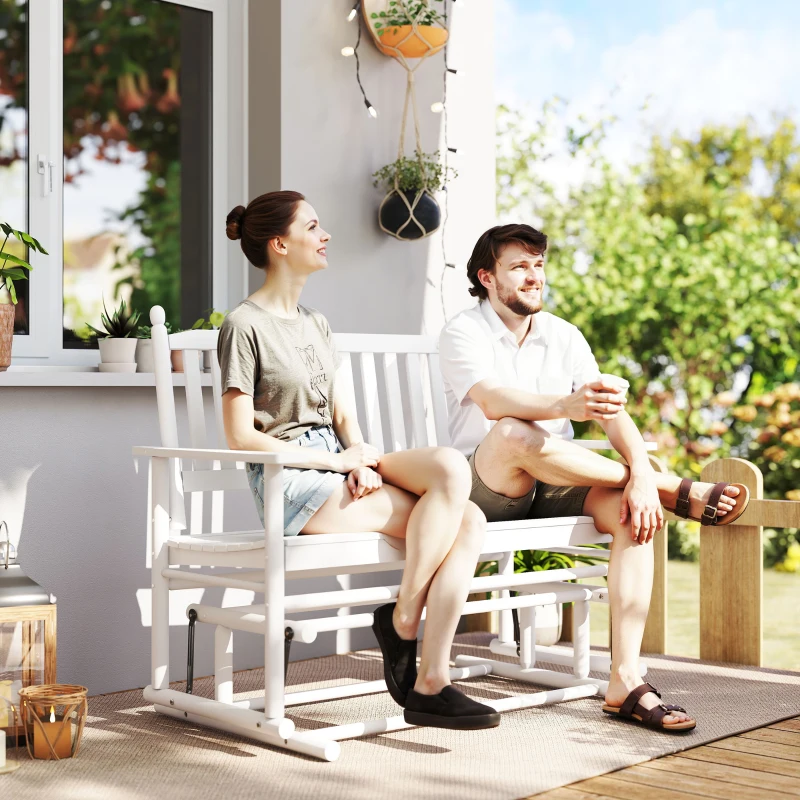 Outsunny Wooden Patio Glider Bench, Wood Log Outdoor Loveseat with High Back and Armrests, Heavy Duty 550lbs Capacity, 2-Seat, White