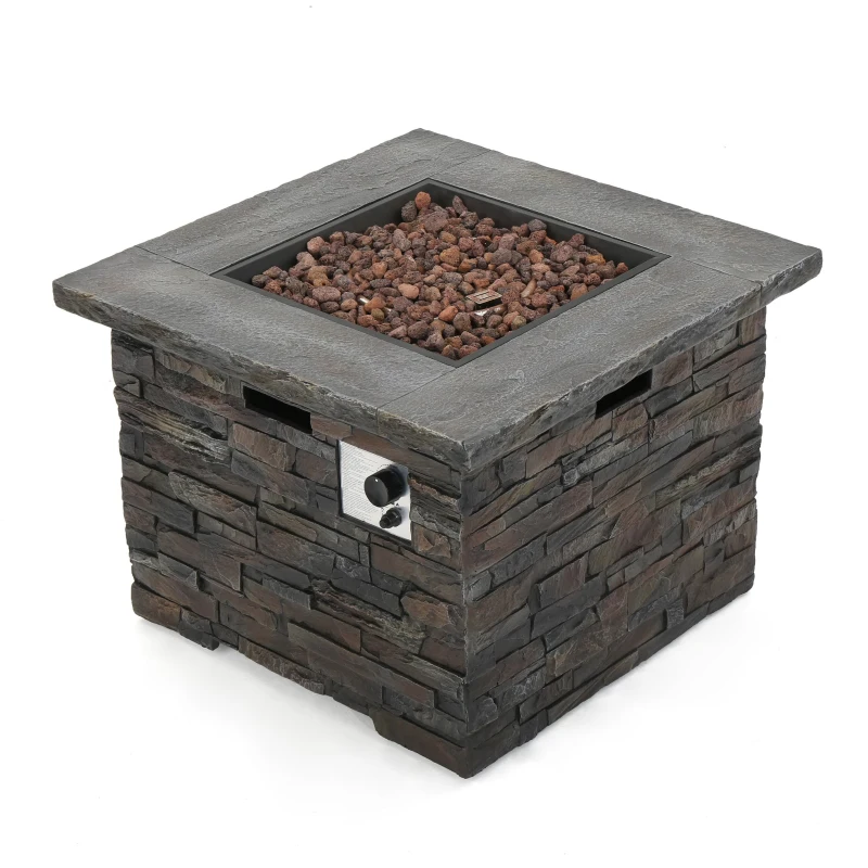 40,000 BTU Outdoor Square MGO Fire Pit with Natural Stone Finish, Perfect for Social Gatherings, 33" L x 33" W x 24.5" H, Stone Gray