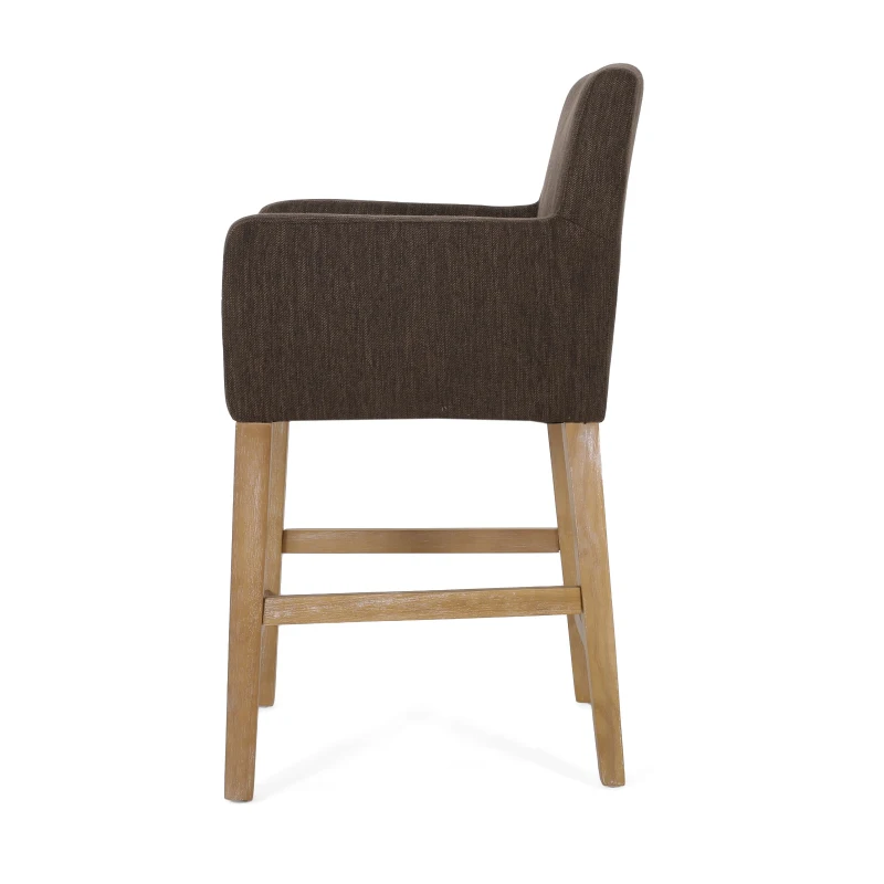 Upholstered Counter Stool with Rubberwood Frame, Contemporary Style with Rounded Armrests, 24" L x 23" W x 39.5" H, Brown