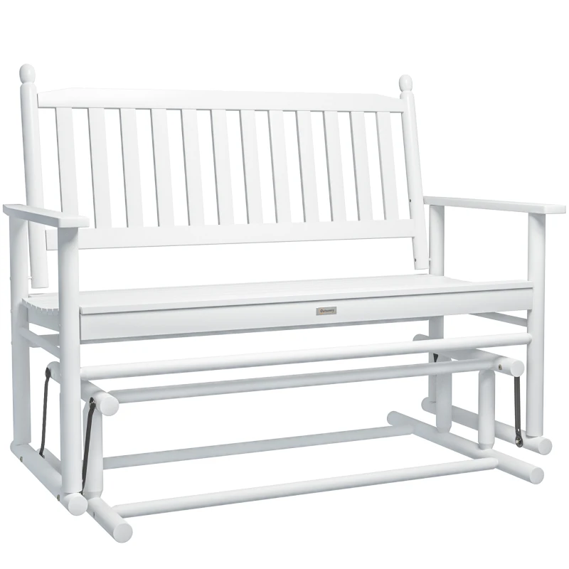 Outsunny Wooden Patio Glider Bench, Wood Log Outdoor Loveseat with High Back and Armrests, Heavy Duty 550lbs Capacity, 2-Seat, White