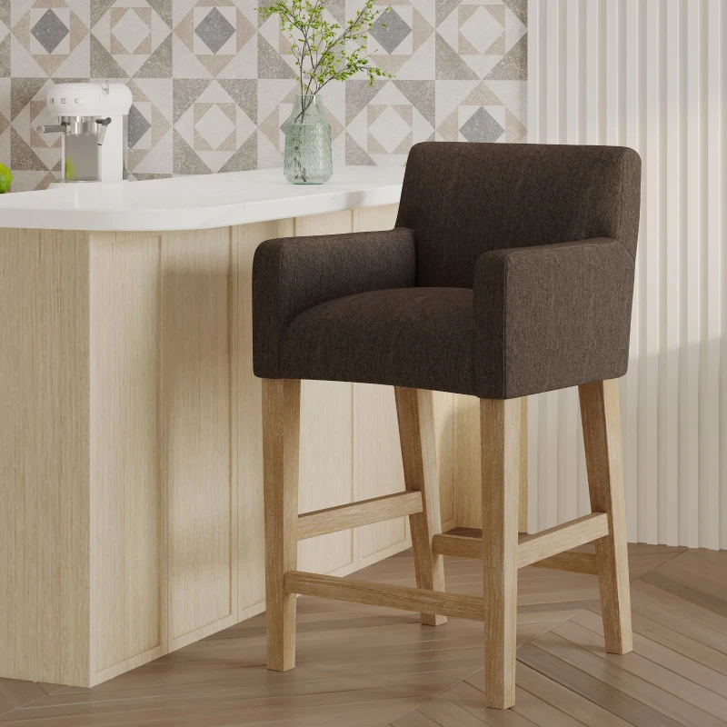 Upholstered Counter Stool with Rubberwood Frame, Contemporary Style with Rounded Armrests, 24" L x 23" W x 39.5" H, Brown