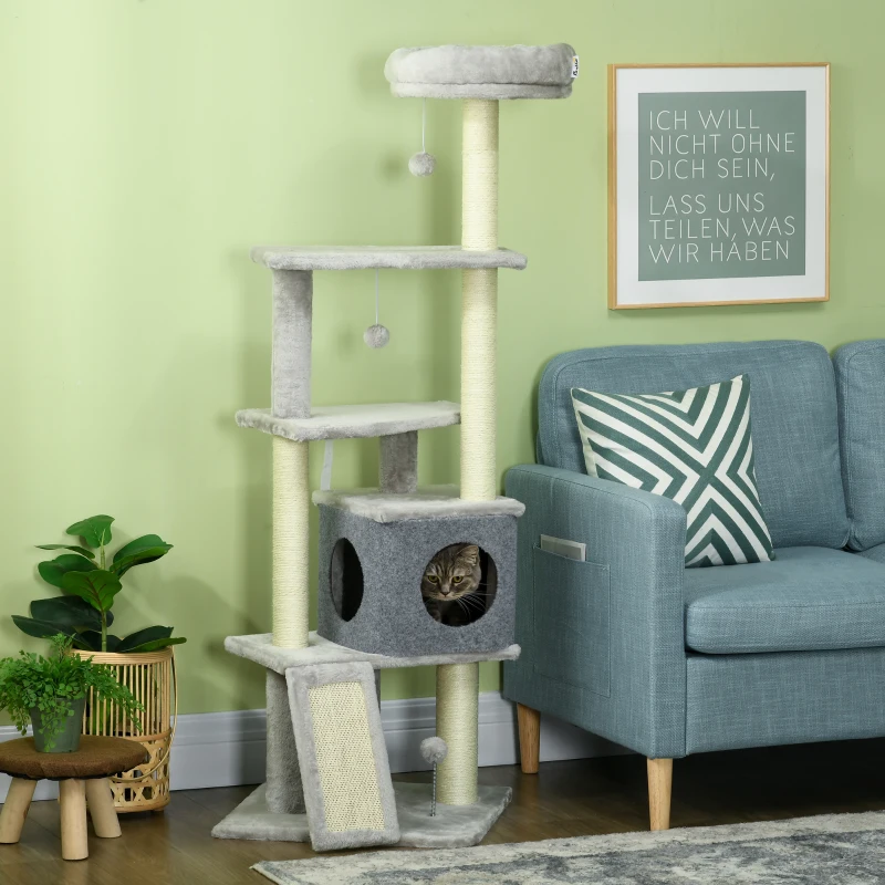 PawHut 57.5" Cat Tree with Scratching Posts, Large Cat Tower for Indoor Cats with Bed, House, Toys, Grey