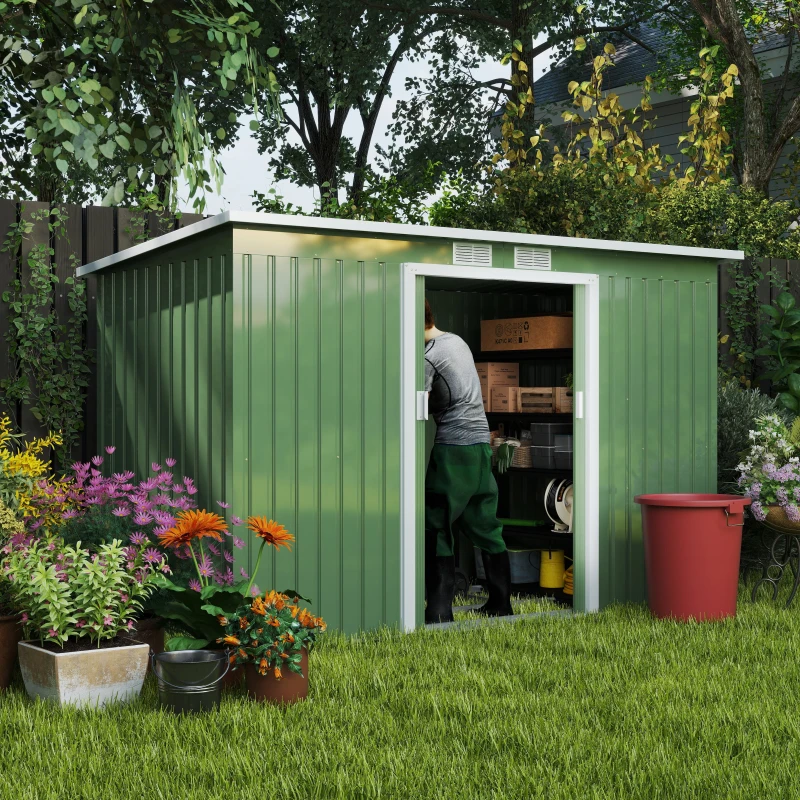 Outsunny 9' x 4' Garden Metal Storage Shed Outdoor Equipment Tool Box with Foundation Kit, Ventilation & Doors, Light Green