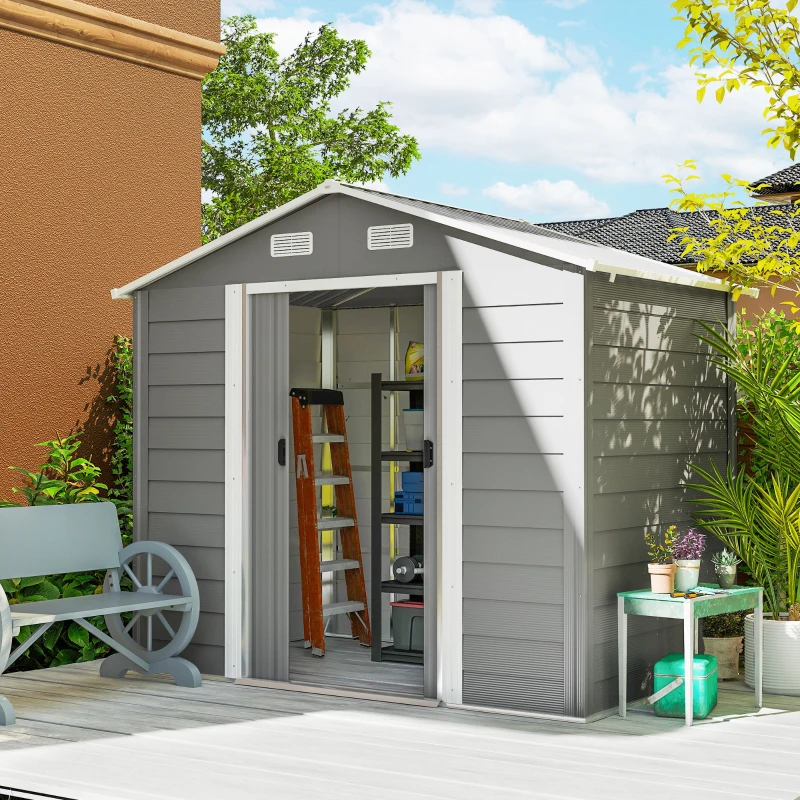 Outsunny 7.7' x 6.5' Outdoor Metal Garden Shed House Hut Gardening Tool Storage with Ventilation, Light Grey