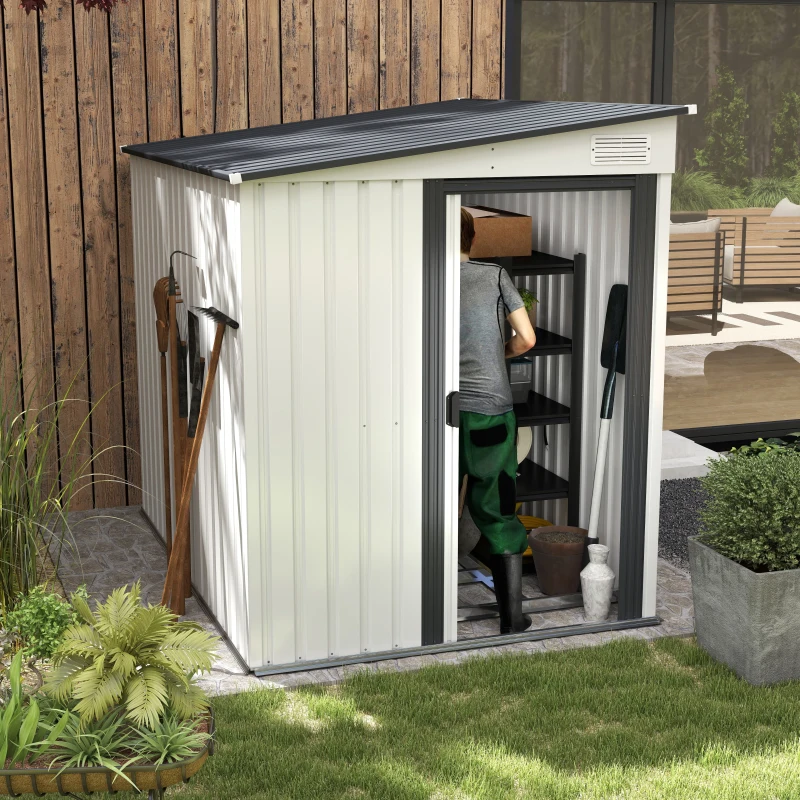Outsunny 5x7 Garden Shed, Lean-to Metal Storage with Foundation, Sliding Door & 2 Vents for Garden Tools, White
