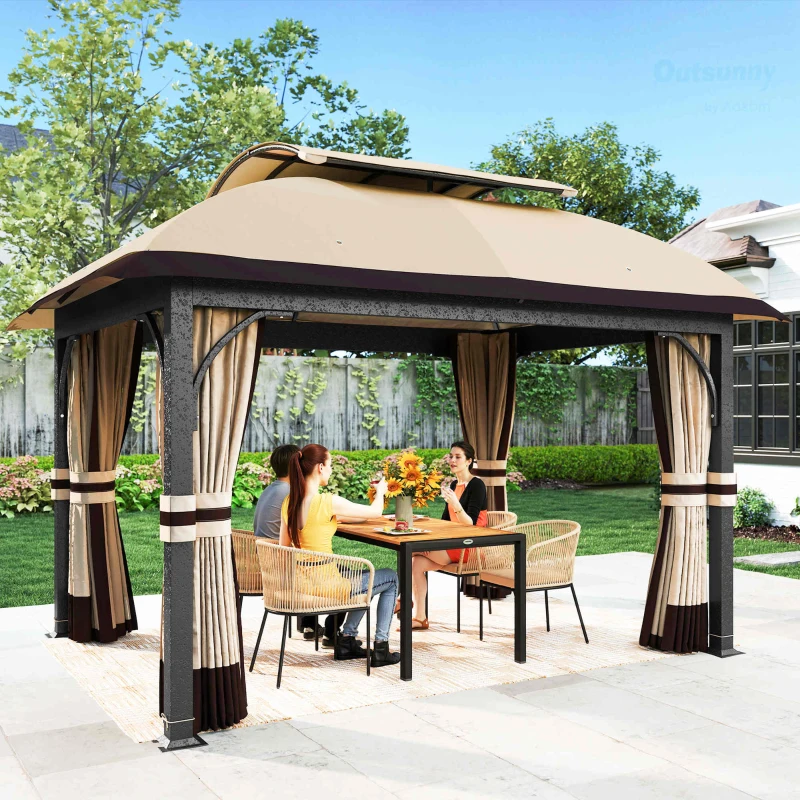 Outsunny 11' x 13' Patio Gazebo, Double Roof Outdoor Gazebo Canopy with Netting & Curtains, Galvanized Metal Frame, Khaki