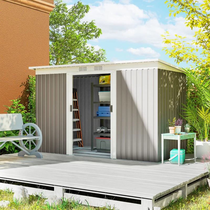 Outsunny 9' x 4' Garden Metal Storage Shed Outdoor Equipment Tool Box with Foundation Kit, Ventilation & Doors, Light Grey