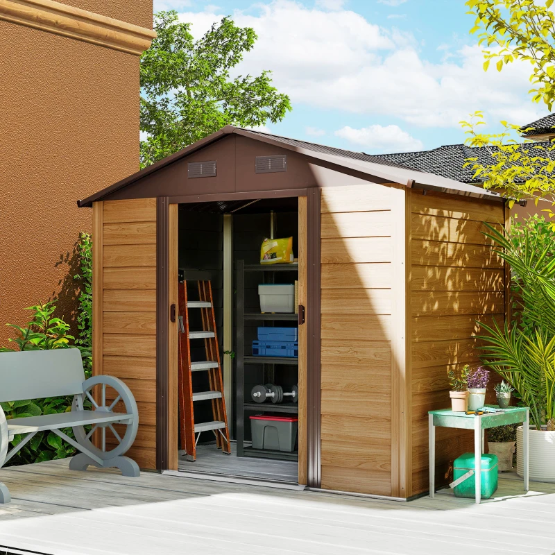Outsunny 7.7' x 6.5' Outdoor Metal Garden Shed House Hut Gardening Tool Storage with Ventilation, Brown with Wood Grain