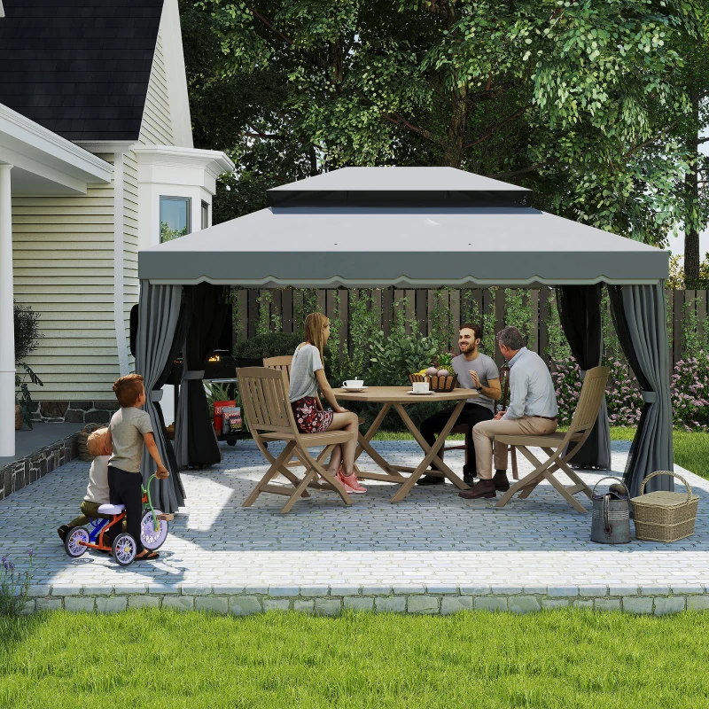 Outsunny 13' x 10' Patio Gazebo, Double Roof Outdoor Gazebo Canopy Shelter with Netting & Curtains, Strong Aluminum Frame, Dark Grey