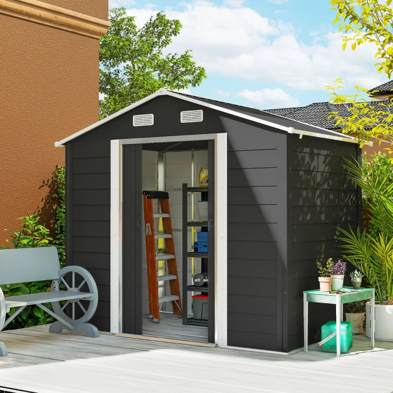 Outsunny 7.7' x 6.5' Outdoor Metal Garden Shed House Hut Gardening Tool Storage with Ventilation, Dark Grey