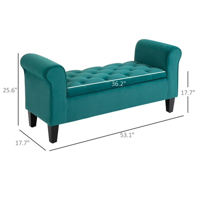 HOMCOM Button-Tufted Storage Ottoman Bench, Upholstered Bench with Rolled Armrests for Living Room or Hallway, Green