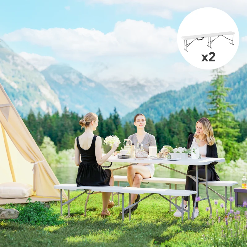 Outsunny 2 Pack 6 ft Portable Foldable Bench Seats, Plastic Folding Benches with Carrying Handle for Camping, White