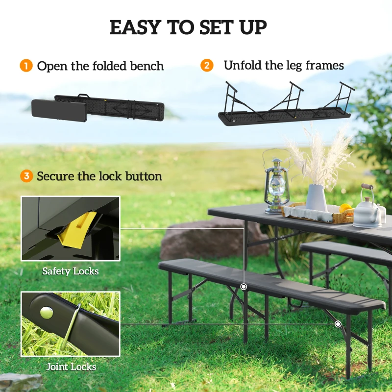 Outsunny 2 Pack 6 ft Portable Foldable Bench Seats, Plastic Folding Benches with Carrying Handle for Camping, Black