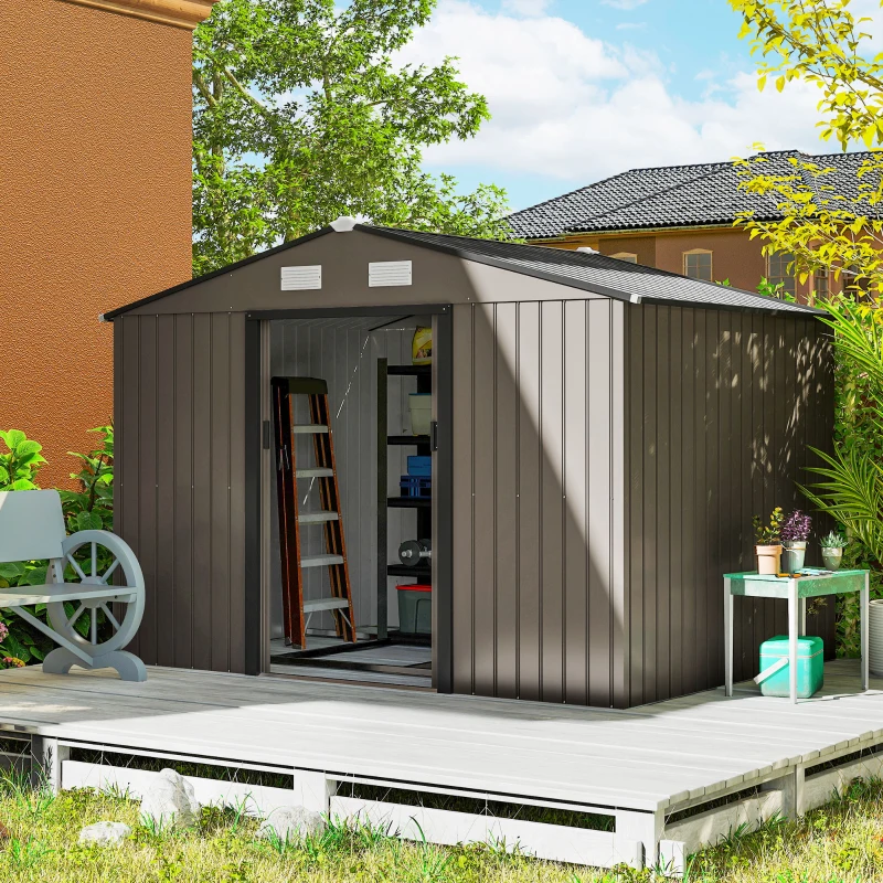 Outsunny 9.1'x6.4'x6.3' Garden Storage Shed w/ Foundation Kit Metal Tool Storage House w/ Double Doors Brown