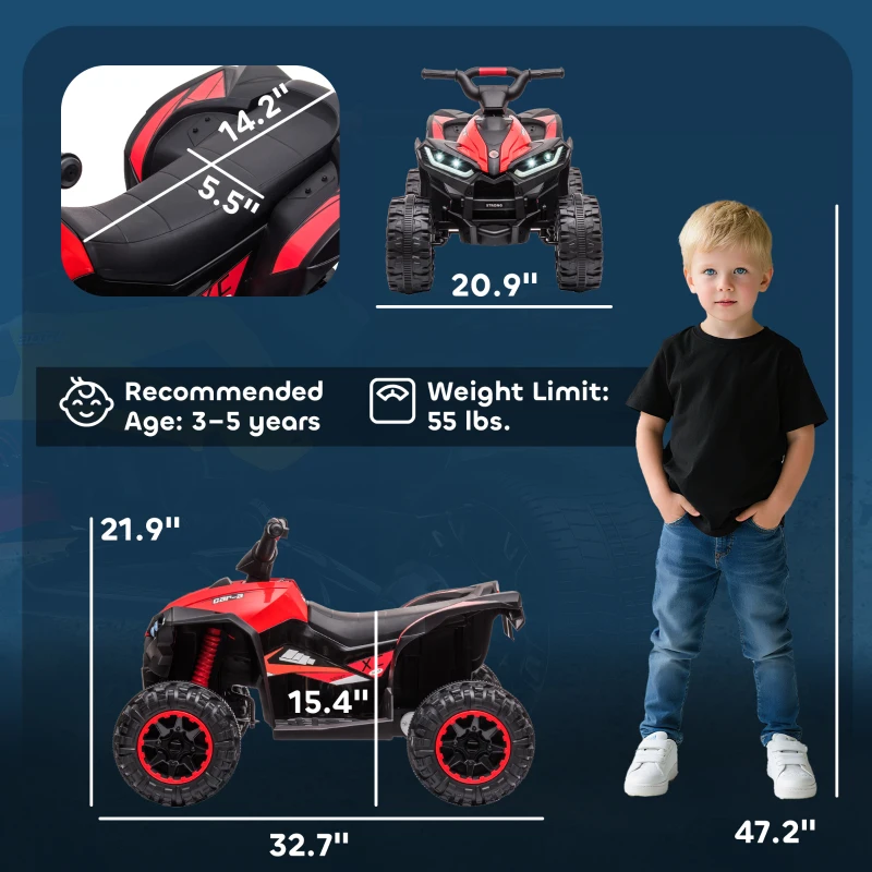 Aosom 12V Kids ATV Quad Car with Forward & Backward Function, Four Wheeler for Kids with Wear-Resistant Wheels, Music, Electric Ride-on ATV for Toddlers Ages 3+ Years Old, Red(m-3)