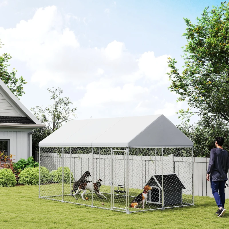 PawHut Galvanized Steel Outdoor Dog Kennel with Roof, Safety Lock, for Backyard, 13.1' x 7.5' x 7.8'