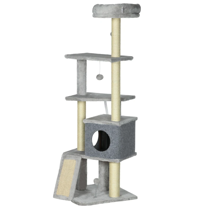 PawHut 57.5" Cat Tree with Scratching Posts, Large Cat Tower for Indoor Cats with Bed, House, Toys, Grey