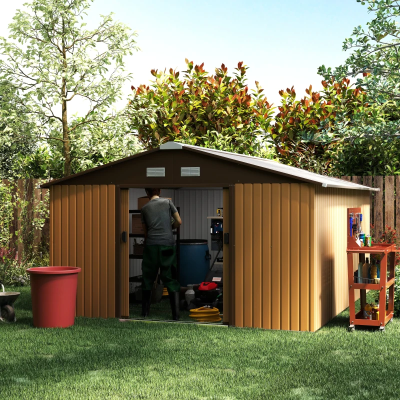 Outsunny 11' x 13'Garden Storage Shed w/ Foundation Kit Metal Tool Storage House w/ Double Doors Yellow