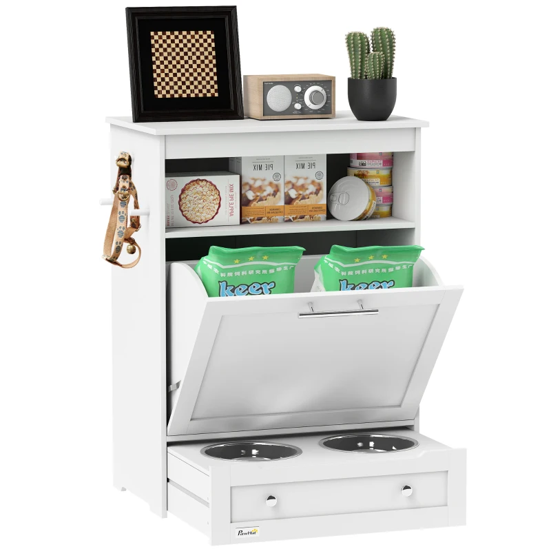 PawHut Pet Feeder Station Storage Cabinet, Dog Food Storage Container with Dog Raised Bowls, Watering Supplies, White