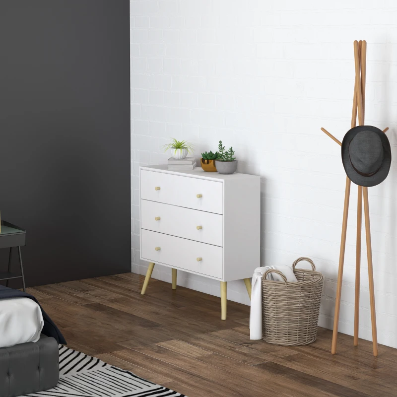 HOMCOM White Dresser for Bedroom with 3 Drawers, Morden Chest of Drawers with Solid Wood Legs and Handles, Storage Organizer for Living Room, White